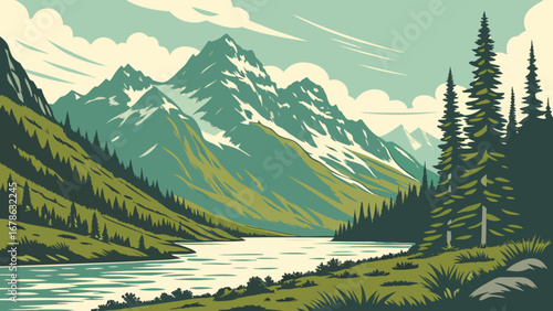 Beautiful mountain landscape vector illustration with river and forest scenic nature outdoor background design
