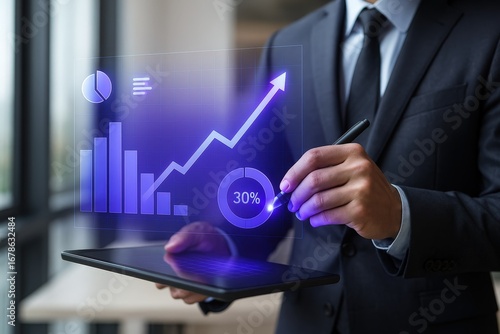 A businessman interacts with a digital tablet displaying upward-trending business data, highlighting a 30% increase.