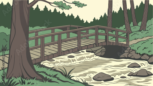 Scenic forest landscape with wooden bridge over river stream for nature lovers and outdoor adventure seekers