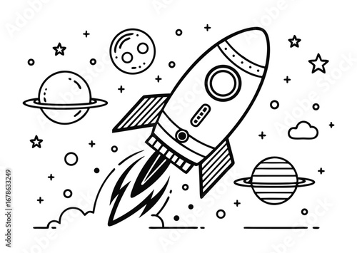 Whimsical hand drawn rocket ship launching through a starry outer space scene with planets and clouds