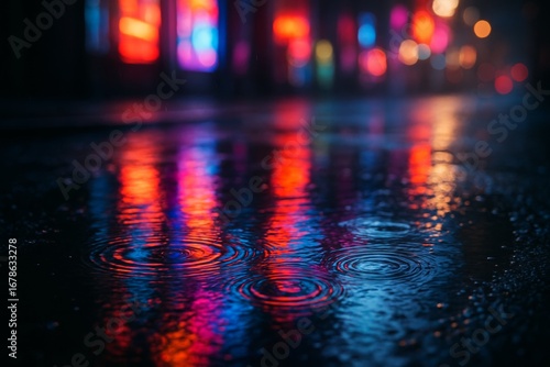 Colorful Rain Reflections on Wet Street
