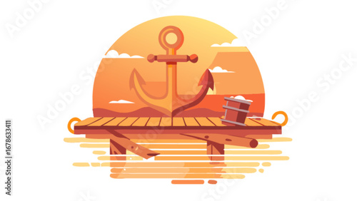 Sunset anchor on wooden pier vector illustration for nautical theme and summer vacation travel design concept