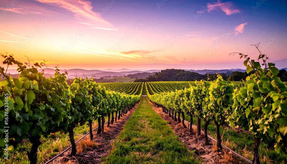 Naklejka premium Vineyard landscape at sunrise