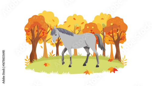Horse in autumn forest illustration vector graphic design for fall season landscape scene and animal themes