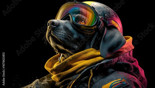 Fototapeta Naklejka Na Ścianę i Meble -  Dog wearing ski goggles and vibrant winter gear against black backdrop