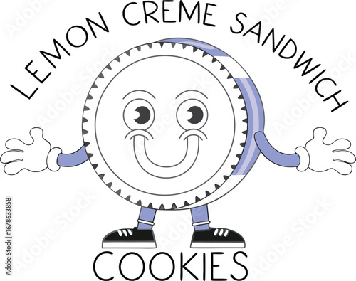 Lemon creme sandwich cookie cartoon character with a happy smile