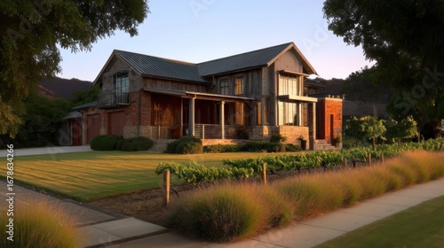 Modern rustic house with wooden shingles and large windows blends steel, concrete,