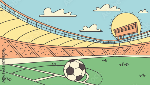 Soccer football stadium cartoon illustration with ball and sky for sports and recreation design asset