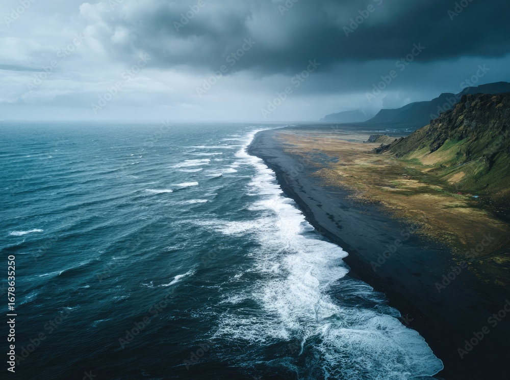 Fototapeta premium Dramatic coastal scene, dark sand beach meeting the stormy sea