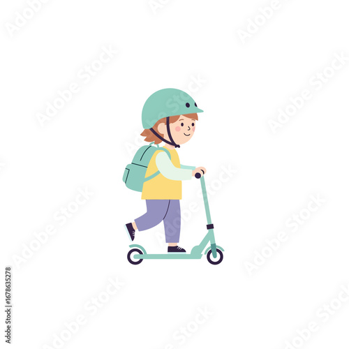Cute child in helmet riding a kick scooter, flat vector illustration