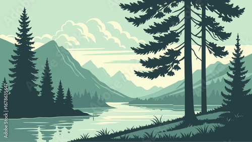 Scenic landscape illustration of mountain lake with pine trees and cloudy sky background vector design