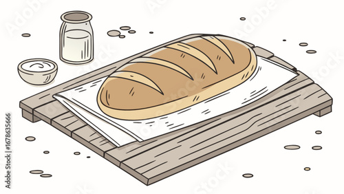 Fresh baked bread loaf on wooden cutting board with milk and cream for breakfast illustration