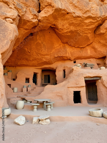 Dwelling of people, representatives of troglodyte tribe east of Sahara Desert. Houses of African troglodytes carved into rock