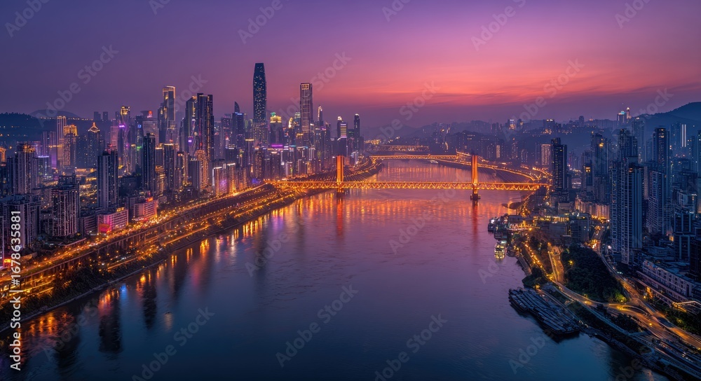 Obraz premium City skyline at dawn, reflecting lights on river
