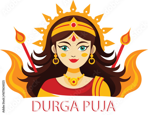 A cartoon illustration of a smiling Ma Durga with stylish hair and sun-kissed skin, exuding beauty and summer glamour