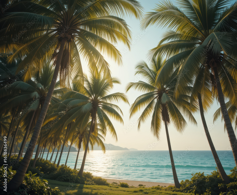 Obraz premium Golden sunlight filtering through palm trees on a tranquil tropical beach paradise at sunset