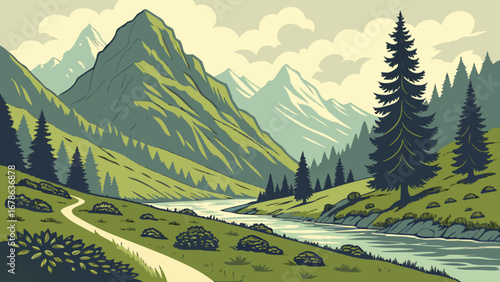 Scenic mountain landscape illustration with river and trees for nature and travel enthusiasts design 100