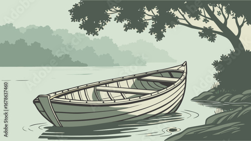 Serene lake scene with rowboat illustration for nature travel and outdoor adventure themed designs and graphics
