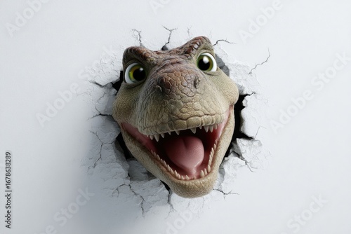 Cartoon dinosaur head bursts through white wall