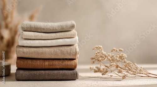 Stack of linen cloths in various earthy tones, beside dried grasses