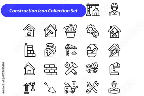 Construction Icon Collection Set – Building, Architecture, Engineering, Tools, Project, Equipment, Structure, Work Icons
