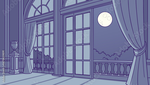 Elegant ballroom interior with moonlight view through french doors and classic architecture design style