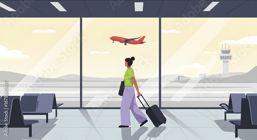 Traveler Walking with Luggage in Airport Terminal Watching Airplane Take Off at Runway