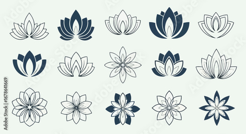 Collection of fifteen stylized lotus flowers and floral designs in varying shades of blue and white, arranged in a grid pattern.
