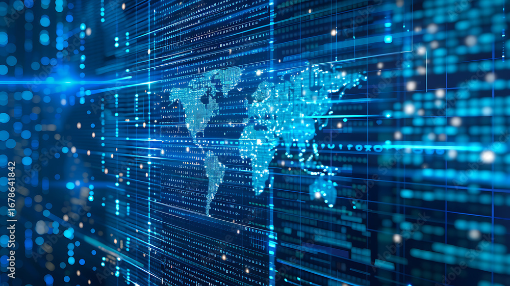 Obraz premium Global Data Flow: Digital World Map on a Network Grid