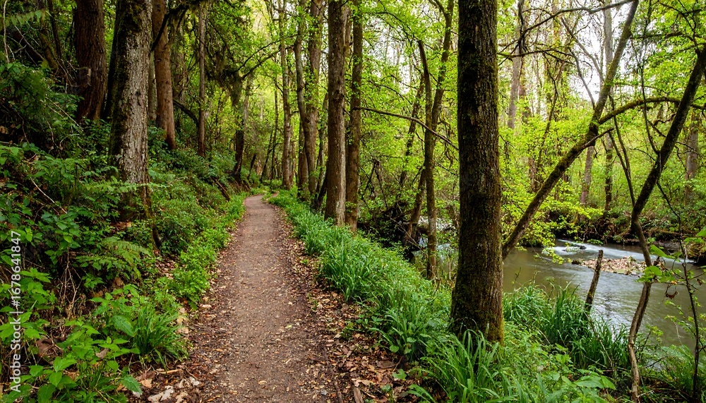 Naklejka premium A tranquil woodland path beside a babbling brook