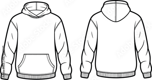 Hooded sweatshirt vector flat sketch with puffed sleeves, kangaroo pocket, ribbed cuffs and hem, fashion CAD design