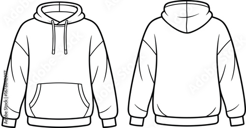 Hoodie flat sketch vector with kangaroo pocket, drawstring hood, ribbed cuffs and hem, casual fashion CAD design