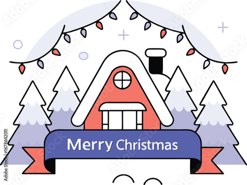 A cozy house in winter with a merry christmas banner