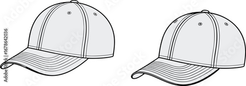 Baseball cap vector flat sketch with curved brim, six-panel design, ventilation eyelets, adjustable strap, fashion CAD design