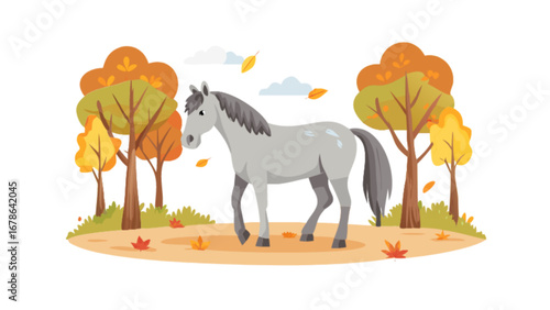 Beautiful horse in autumn landscape vector illustration, grey horse in fall season background design art vector