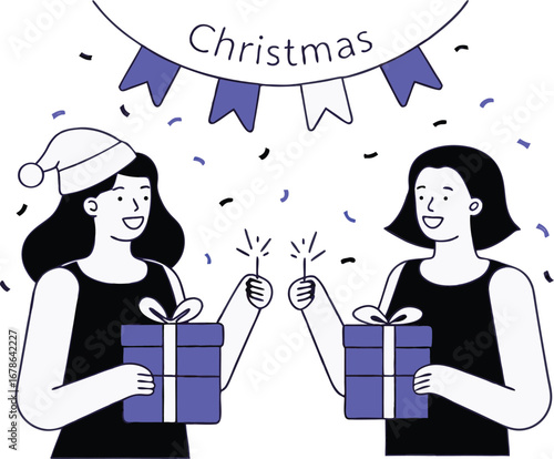 Two women celebrating christmas with sparklers, enjoying the festive season with joy and excitement