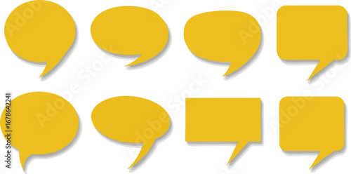 Collection of eight yellow speech bubbles in various shapes on a white background, casting shadows.