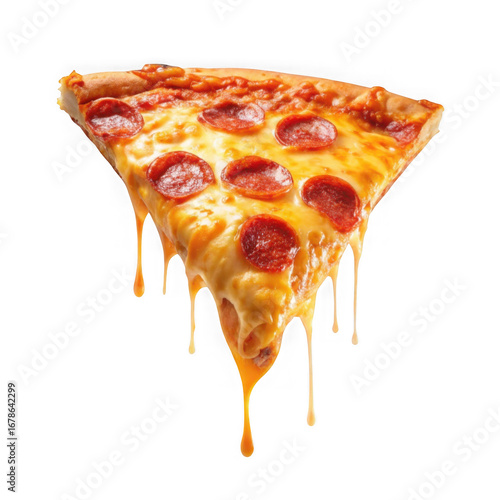 Delicious slice of pepperoni pizza with melted cheese dripping down isolated on transparent background