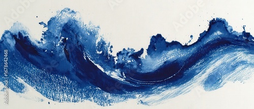 Abstract Blue Sumi-E Painting of Ocean Waves on White Backdrop