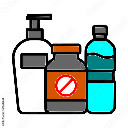 Line art icon of various isolated bottles for personal care, medicine, and drink products

