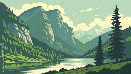Beautiful mountain lake landscape scenery vector illustration for travel and nature enthusiasts design 100