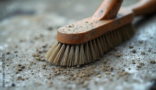 Wallpaper Mural Close-up of a stiff-bristled wooden cleaning brush scrubbing dirt from a rough concrete surface, highlighting bristle texture and debris, ideal for household or janitorial cleaning visuals Torontodigital.ca