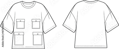 T-shirt vector flat sketch with four front flap pockets, oversized casual fashion CAD template for apparel design