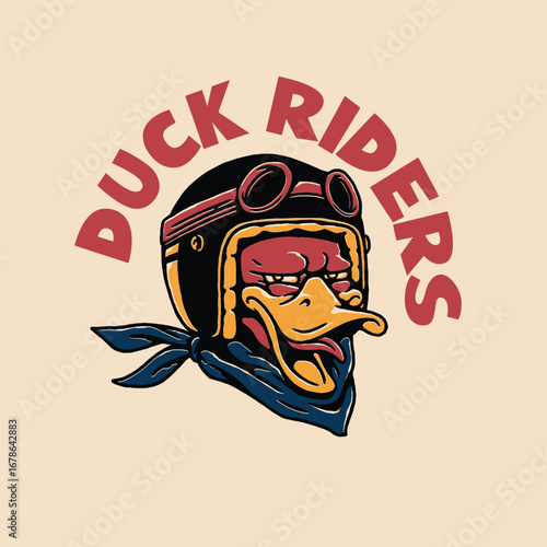 A tough-looking duck mascot in retro biker gear, this logo badge brings bold attitude to your custom merch, print, or branding concepts.