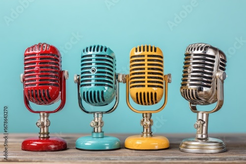 Four colorful vintage microphones on a wooden surface against a teal background