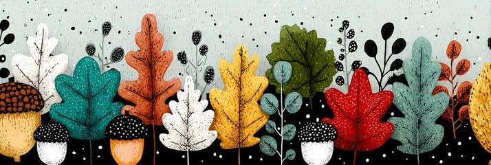Stylized autumn leaves and acorns border design fall