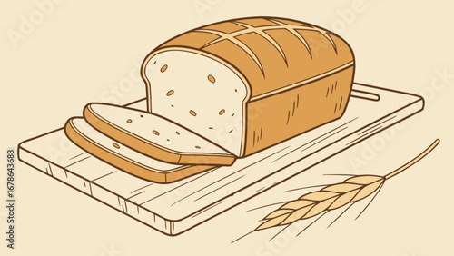 Fresh baked bread loaf slices on cutting board with wheat stalk food illustration drawing vector art