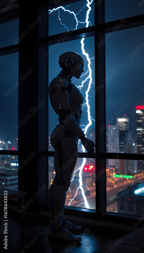 Fototapeta premium Robot standing by window watching lightning storm over city ai generated art image