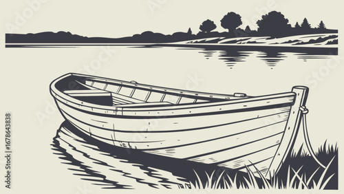 Vintage rowboat on lake vector illustration for lake house decor and lake life designs and boat clip art
