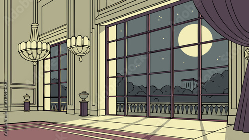 Elegant ballroom interior design with chandeliers and large windows overlooking a moonlit night scene
